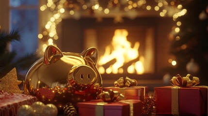 Aufkleber - A shiny golden piggy bank sits among colorful wrapped presents near a crackling fireplace.