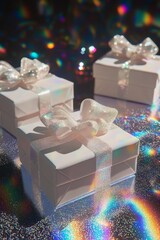 Wall Mural - Two elegant white gift boxes adorned with bows, perfect for celebrations and special occasions.