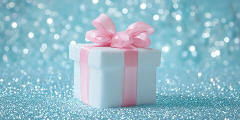 Wall Mural - A white gift box adorned with a pink ribbon sits elegantly on a vibrant blue background, perfect for celebrations.