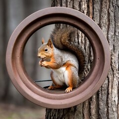 Wall Mural - Fluffy squirrel and a wheel in the park