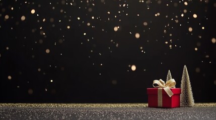 A giraffe curiously inspects a gold-ribboned present and a vibrant red gift box, set against a festive backdrop.