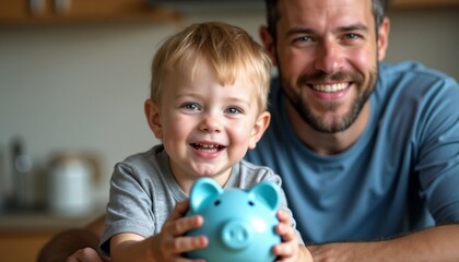 Wall Mural - A cheerful father and son pose with a blue piggy bank, symbolizing family bonding and financial literacy. The joyful scene captures happiness and the importance of saving money.

