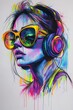 © atar - Abstract Colorful Portrait of a Woman Listening to Music with Headphones and Sunglasses