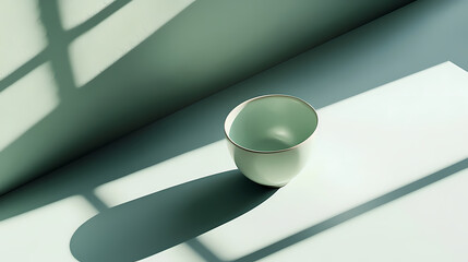 Poster - Looking down on a modern, minimalist coffee table, a single celadon cup sits amidst a sea of clean lines and empty space, bright natural light, a realistic photo image. Celadon. Illustration