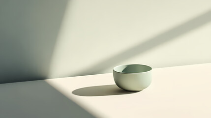 Poster - Looking down on a modern, minimalist coffee table, a single celadon cup sits amidst a sea of clean lines and empty space, bright natural light, a realistic photo image. Celadon. Illustration