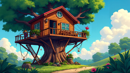 A Whimsical and Imaginative Tree House Perfect for Kids' Adventures and Playtime, Featuring Safe Climbing Elements