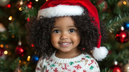 Aufkleber - A cheerful young girl with curly hair in a red Santa hat and holiday sweater smiles in front of a beautifully decorated Christmas tree with colorful ornaments and twinkling lights.