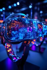 Poster - A futuristic VR headset showcasing vibrant lights and digital reflections for immersive experiences.