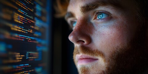  - A focused individual gazes at code on a screen, illustrating concentration in technology.