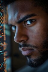 Fototapete - A focused individual gazes intently at digital code on a screen, symbolizing technology and innovation.