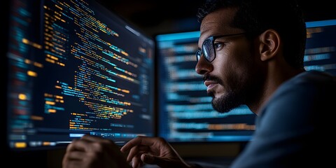 Fototapete - A focused individual coding on multiple screens, immersed in technology and problem-solving.