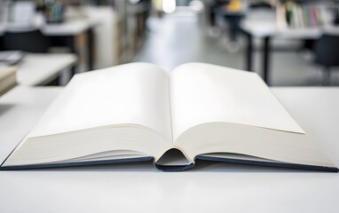 Poster - An open book on a table in a library, showcasing blank pages.