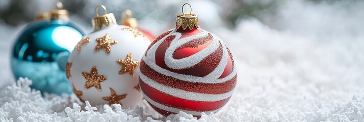 Wall Mural - three festive christmas ornaments rest on a snowy pile, capturing the holiday spirit with vibrant co