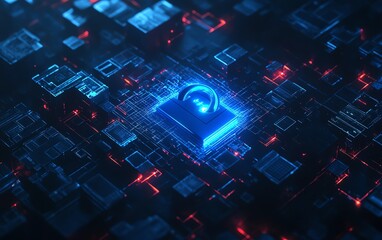Poster - Cyber data confidentiality concept, top view perspective of a digital blue closed padlock on abstract dark background with glowing squares and triangles, 3D rendering