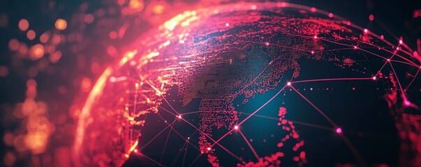 Poster - Futuristic digital world globe with interconnected lines and satellite orbits