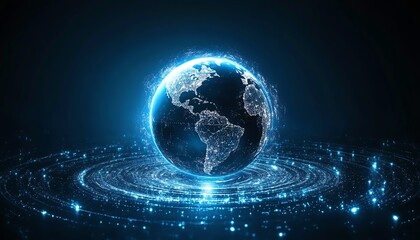 Poster - Global telecommunication network concept, digital globe with orbit trails, dark and abstract backdrop, hightech internet theme, 3D rendering, blue and silver glow