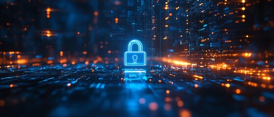 Poster - Information confidentiality and cyber data protection, 3D rendering of blue padlock, glowing geometric shapes, dark abstract background, hightech visuals