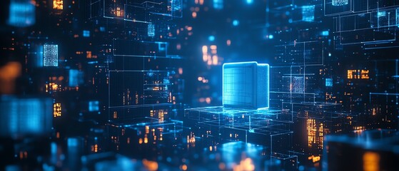 Poster - Information confidentiality and cyber data protection, 3D rendering of blue padlock, glowing geometric shapes, dark abstract background, hightech visuals