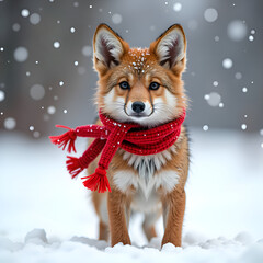 Wall Mural - A charming fox with a red scarf amidst falling snow in a winter wonderland, digital illustration of animal portrait concept.