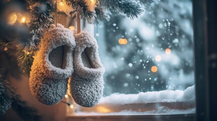 Poster - Soft, fluffy slippers dangle from a window, framed by frosty glass and snowflakes falling outside. Twinkling lights add a warm glow to the cozy winter atmosphere of the room.