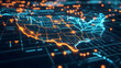 © Neural9 Project - 3D Digital Map of USA Shows Network Connections with Glowing Nodes and Lines