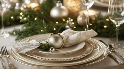 Poster - A beautifully arranged holiday dining table features a silver and gold ornament on fine china, complemented by green foliage and soft twinkling lights, ready for a festive Christmas gathering.