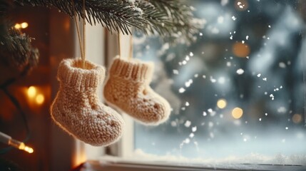 Aufkleber - Delicate knitted baby booties dangle from a nearby branch, while softly falling snow adds a magical touch outside the window. Warm lights create a festive ambiance in the cozy winter setting.