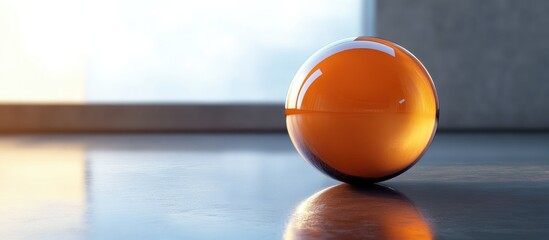 Sphere shaped object on a smooth surface highlighting its glossy texture and reflections