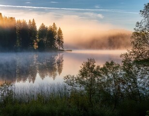  Misty Morning on a Tranquil Lake With Rolling Fog Hovering Over the Water and a Distant Forest Just Visible Through the Hazy Light of Dawn