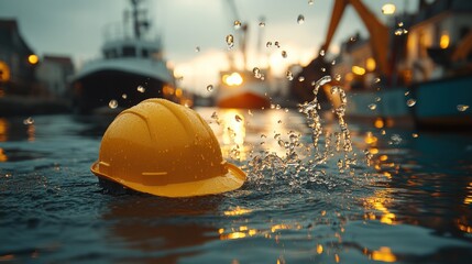 Wall Mural - A yellow hard hat floats in the water at a harbor.