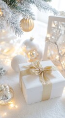 Wall Mural - A white gift with a gold ribbon sits under a festive Christmas tree adorned with twinkling lights and ornaments.