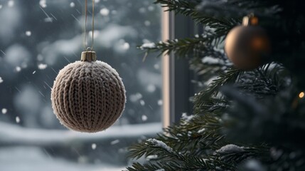 Poster - A white, knitted Christmas ornament is hanging from a windowsill. The ornament is round and textured, and it is partially obscured by a snow-covered pine branch.
