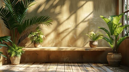 Aufkleber - Wooden Counter Table with Palm Leaf Shadow on Beige Background for Luxury Cosmetic and Skincare Product Display