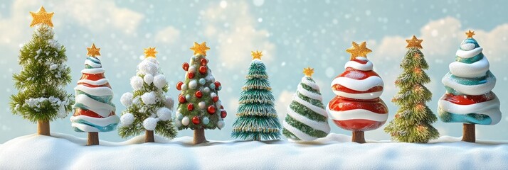 Wall Mural - five snow-dusted christmas trees stand in a wintry landscape, creating a serene holiday scene under 