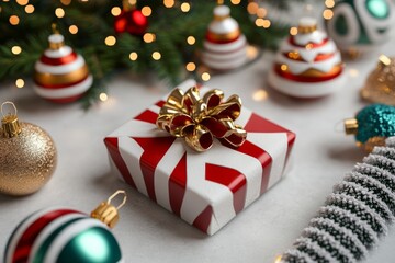 Sticker - A beautifully wrapped gift on a table, surrounded by festive ornaments, creating a warm holiday atmosphere.