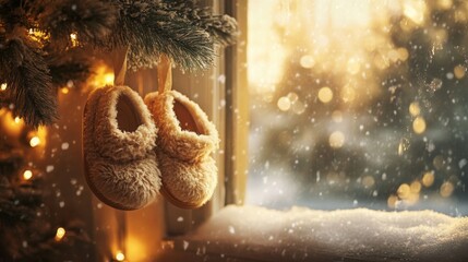Poster - A pair of warm, fuzzy baby slippers hangs from a tree branch next to a window, softly illuminated by golden lights while snowflakes fall gently outside, creating a serene holiday ambiance.