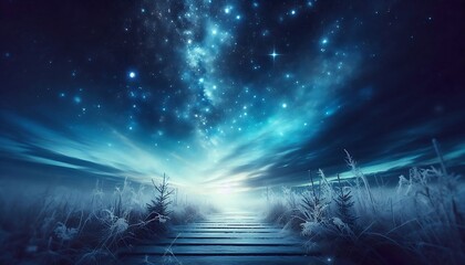 Milky Way arch. Fantastic night landscape with bright arched milky way, purple sky with stars, blue light and hills. Beautiful scene with universe. Space background with starry sky. Galaxy and nature