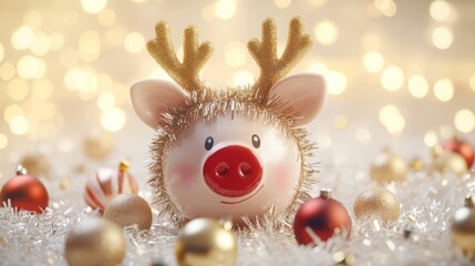 Aufkleber - A porcelain pig figurine with reindeer antlers is surrounded by red and gold Christmas ornaments, nestled in white tinsel with a bokeh background of twinkling lights.