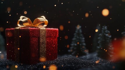 Wall Mural - A vibrant red gift box adorned with a shimmering gold bow, perfect for holiday celebrations or special occasions.