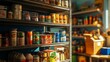 © KOOLAIDMAN100X - Shelves in a humble community food pantry filled with a variety of canned foods, showcasing generosity and community spirit. Ultra-realistic, photorealistic, hyper-maximalist, fine detail 8K