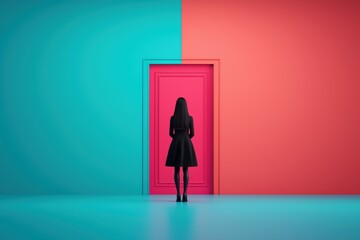 Freedom of Choice Abortion Concept. A silhouette stands before a vibrant, contrasting doorway, framed against a bold, colorful background of blue and red.