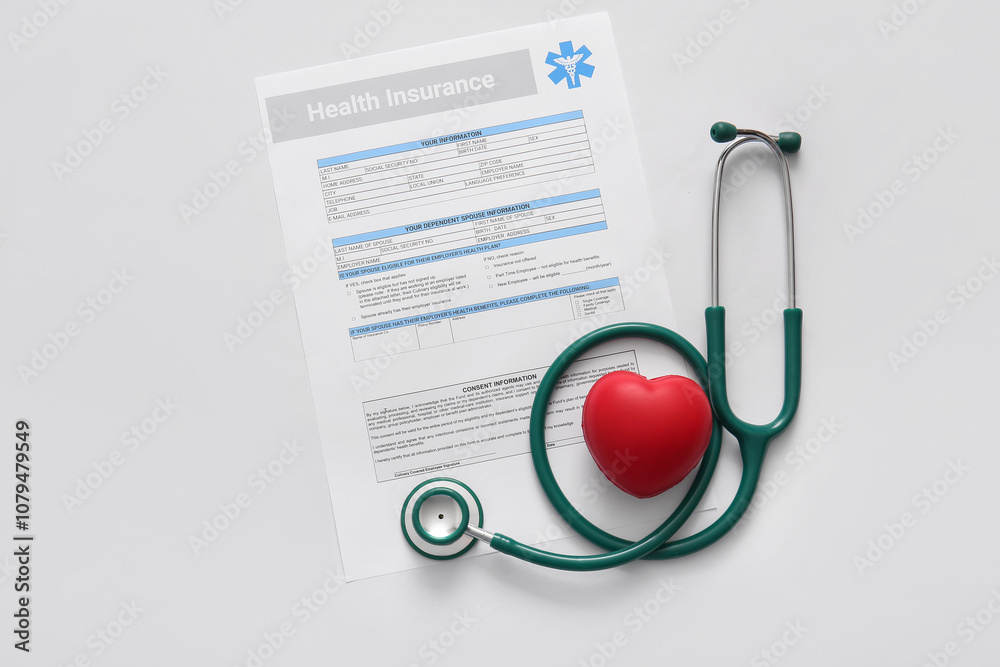 Health insurance form, heart and stethoscope on white background