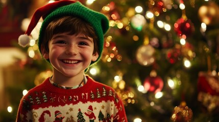 Aufkleber - A young boy with a big smile is dressed in a colorful Christmas sweater and a green elf hat.
