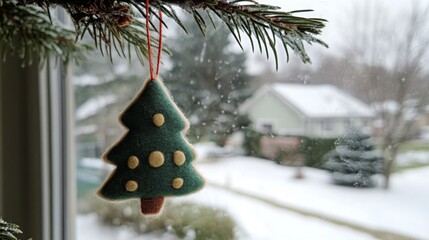 Poster - A handmade felt Christmas tree ornament dangles from a pine branch, while snow gently falls outside. A cozy neighborhood view with houses and trees is visible through the window.