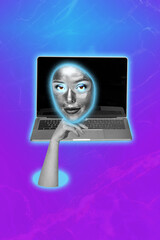 Aufkleber - Composite trend artwork 3D sketch image photo collage of cyberspace ai bot virtual projection young lady face hand gesture display laptop