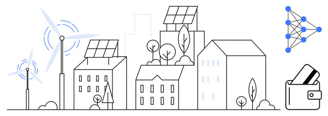  Wind turbines, solar panels on buildings, trees, neural network diagram, digital wallet. Ideal for smart cities, renewable energy, AI integration, sustainable living urban planning financial