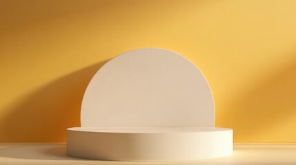 Poster - Geometric shapes on a white podium against a yellow backdrop Minimalist mockup 3D render illustration