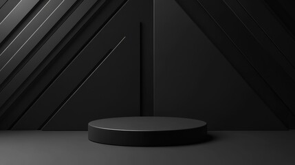 Aufkleber - Dark black 3D background featuring geometric shapes and a podium on the floor creating an abstract composition ideal for showcasing product mockups