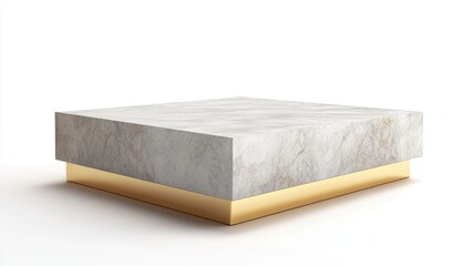 Poster - 3D rendering of a square marble pedestal with a golden square frame bending into an overlapping artistic dimension suitable for advertising isolated on a white background in a minimalist style