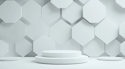 Poster - Minimalistic studio background featuring a 3D white and gray hexagon podium Abstract geometric shape illustration for showcasing beauty and cosmetics products